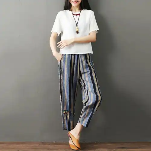棉麻休闲套装女夏季2018新款大码宽松上衣亚麻阔腿裤文艺两件套潮