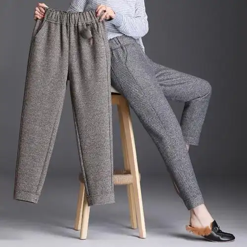 毛呢裤子女2021秋冬季哈伦裤宽松直筒高腰萝卜裤小脚加厚休闲裤子