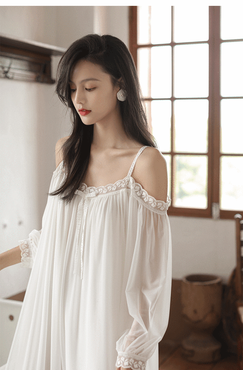 丹曼顿睡裙女士春秋季长袖宫廷风蕾丝薄款性感吊带长裙纱网甜美法式