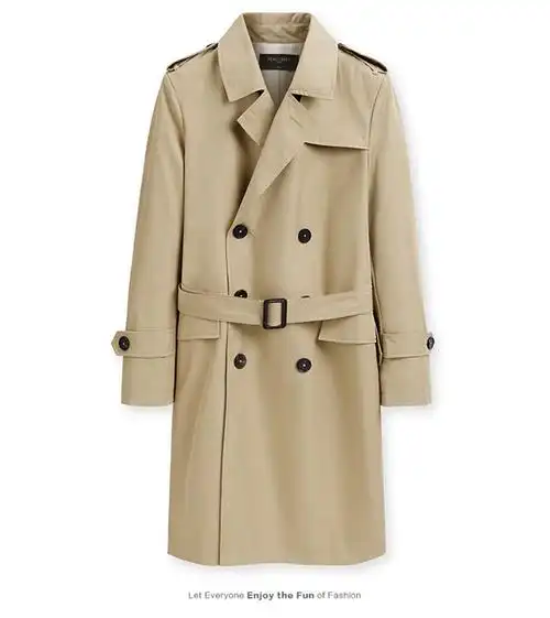 太平鸟男装 秋季新款中长款卡其色风衣英文刺绣绅士翻领修身外套 卡其