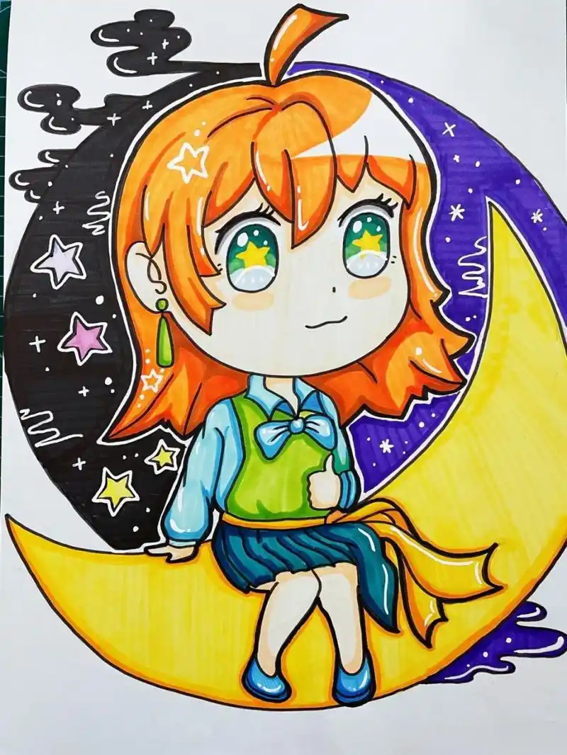 卡通动漫 马克笔动漫,坐月亮93上的女孩97.