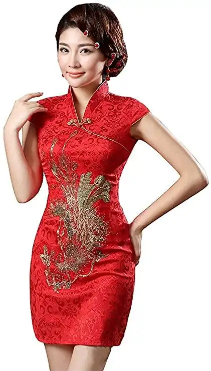 cosplaylife 红金色凤凰锦缎中国传统旗袍女装 红色 small 【cosplay