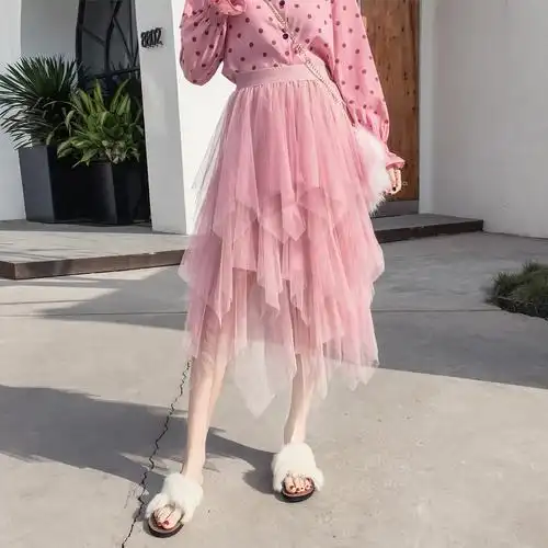 韩版夏高腰蛋糕大摆粉色高腰裙女香芋半身网纱半身裙