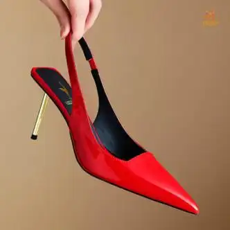 cnsup高端品牌小众设计感包头性感凉鞋女漆皮一字带后空百搭高跟鞋