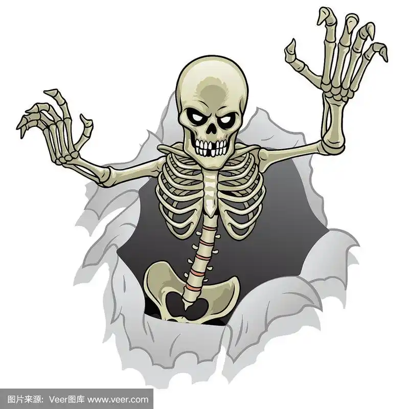 卡通骷髅人物从破纸洞里出来