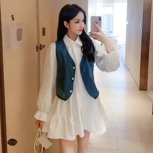 特2020秋季新款潮流女装喇叭袖衬衣连衣裙 牛仔马甲两件套