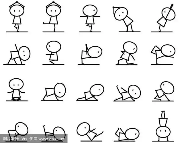 一套卡通简单的线条人物在瑜伽运动的各种动作姿势概念矢量图形设计
