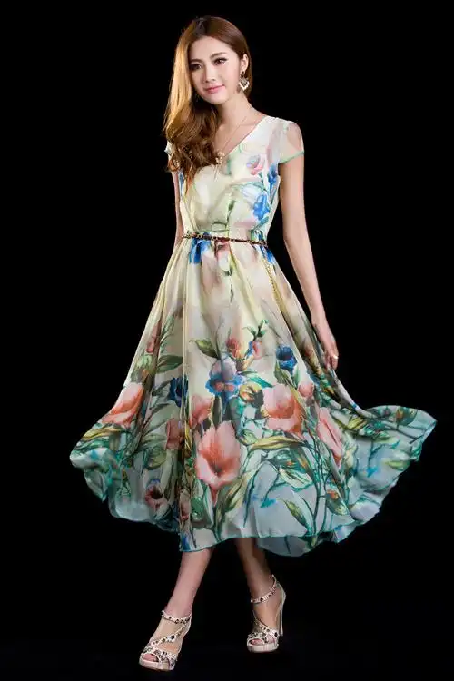 清新怡人名媛高档雪纺连衣裙 2013夏装韩版中长款短袖女裙子  品牌