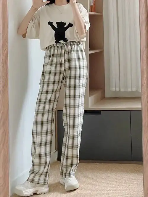 今日穿搭分享短袖77格子阔腿裤