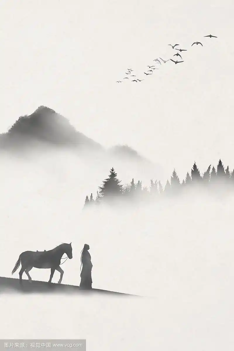 中国风女子牵马复古插画