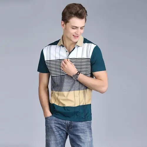 格莱鸟夏装男士衬衫领短袖t恤 休闲男装 方领印花纯棉男式t恤