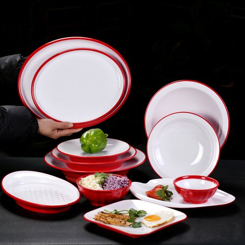 密胺a8红白双色包边仿瓷餐具圆碗海鲜盘自助餐盘流席明档耐摔菜盘