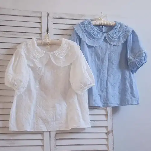 夏装新款女装日系小清新双层蕾丝娃娃领重工刺绣套头上衣短袖衬衫