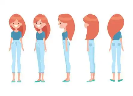 正面背面3/4视图字符. 身体的不同部分. 卡通风格平面矢量插图.