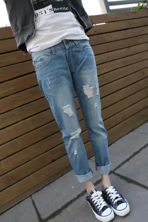 春夏韩版潮bf破洞宽松大码显瘦垮裤哈伦裤九分牛仔裤女
