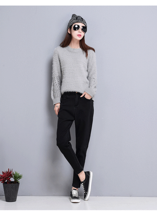 麦瑞思2017冬季新款加厚加绒牛仔裤女萝卜裤高腰韩版宽松长裤显瘦哈伦