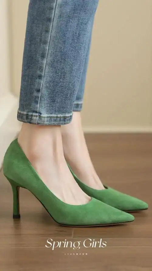 绿色也太显白了吧高跟鞋通勤搭配好穿不累脚单鞋女