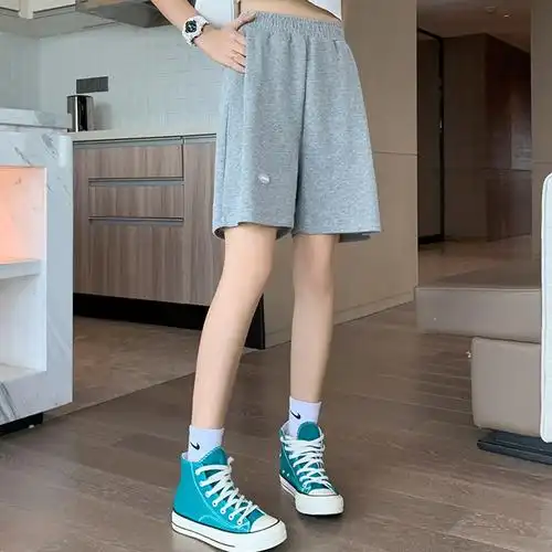 秋壳运动短裤女夏季粉色高腰阔腿宽松直筒休闲外穿中学生五分裤子