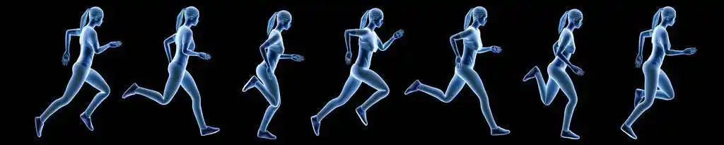 健身banner女运动员在黑色背景上进行连续动作.全息图3d渲染横幅插图.