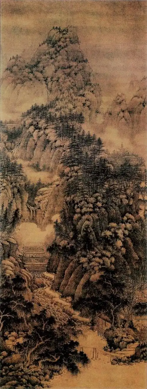 巨然,开元寺僧,工画山水,师法董源水墨一派而有所发展,所作"淡墨轻岚"