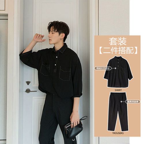 夏季潮流短袖套装男士韩版搭配七分袖衬衫一套衣服宽松休闲两件套