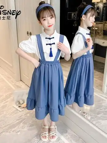 背带裙套装2022新款中大童学院风裙子两件套潮海蓝色裙子白色上衣120