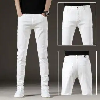 春秋季韩版白色牛仔裤男青年男士潮流修身弹力纯白色小脚裤男裤子白色