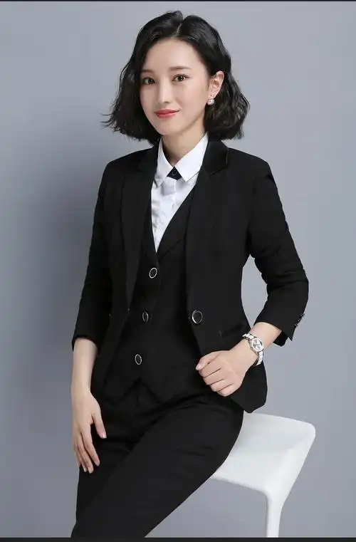 职业套装女秋时尚气质面试上班正装条纹西装马甲套装三件套工作服藏青