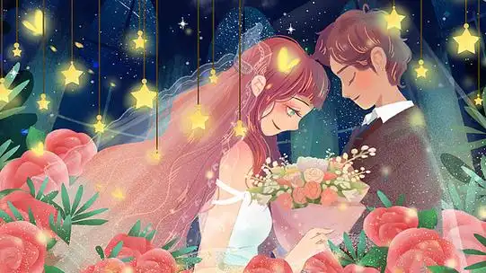 梦幻浪漫夜景婚纱情侣结婚玫瑰星星原创插画