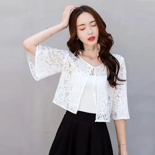蕾丝短披肩女夏薄小外套短款防晒衣薄款镂空小坎肩喇叭袖外搭开衫