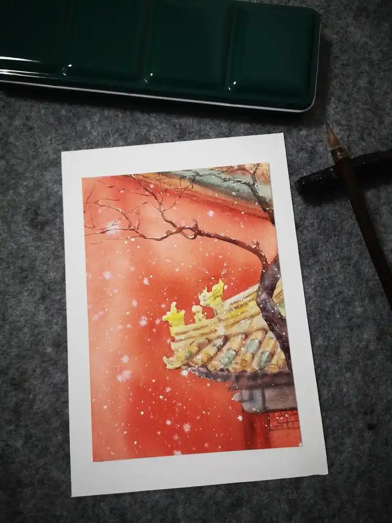 故宫的初雪水彩画