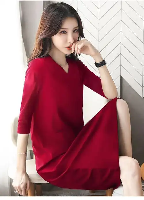 衣服女中年红色连衣裙大显瘦成熟风女装轻熟风2022年春夏五分袖长裙子