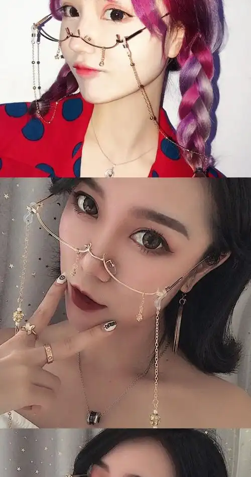 新品金丝框眼镜链条带钻无镜片金属眼镜抖音下半框平光镜水滴装饰链条