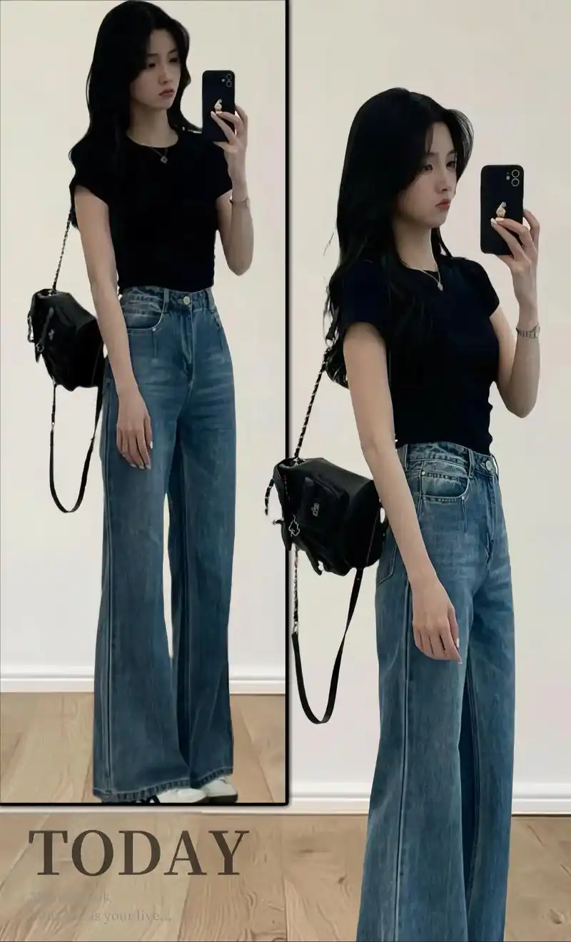 黑色v领上衣十高腰牛仔阔腿裤