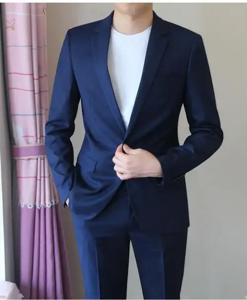 罗蒙romon高端品牌官方店西装春秋商务休闲深蓝色一扣新郎韩版潮流