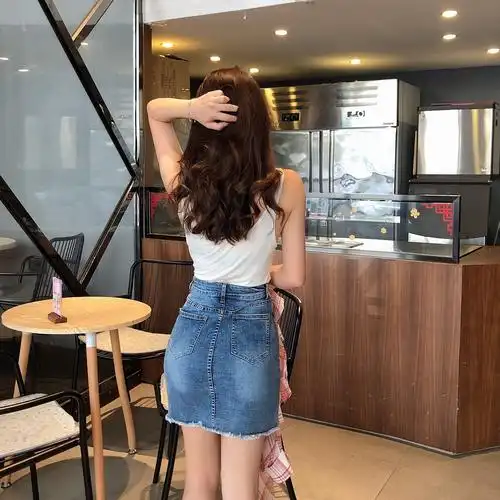 实拍牛仔半身裙女夏新款高腰抖音仙女裙短裙女夏不规则a字包臀裙-小榆