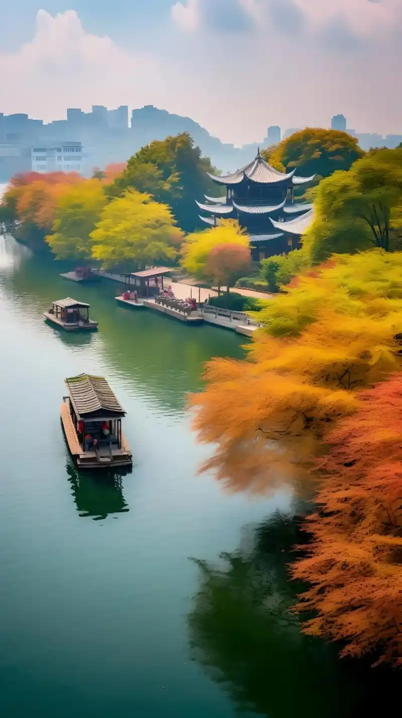 在秋天的杭州西湖,翠绿的湖水上,游船轻盈地航行,来回穿越着错落有致