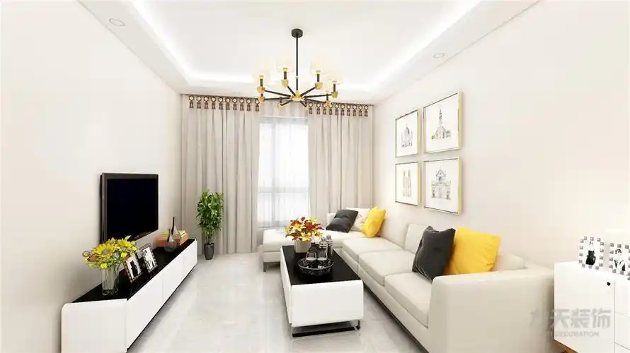 整个客厅使用浅米色乳胶漆,沙发为米黄色,沙发放置颜色饱和度高