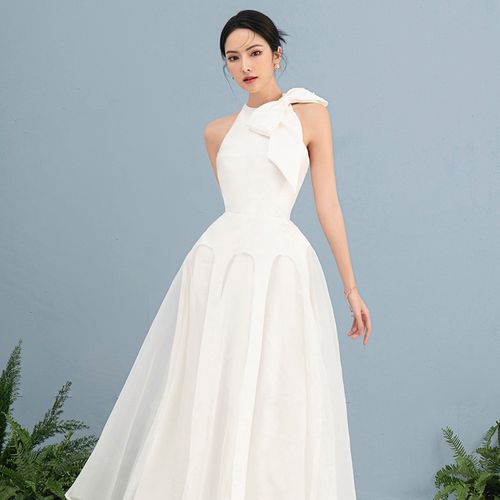 品牌授权 越南小众cici 2022冬季新款蝴蝶结圆领无袖高腰薄纱长裙