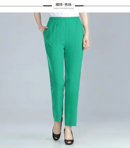 中老年松紧腰冰丝女裤妈妈装夏季裤子九分裤女显瘦宽松薄款9分裤白色l