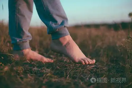 在凉爽的早晨露水对 gr 赤脚腿