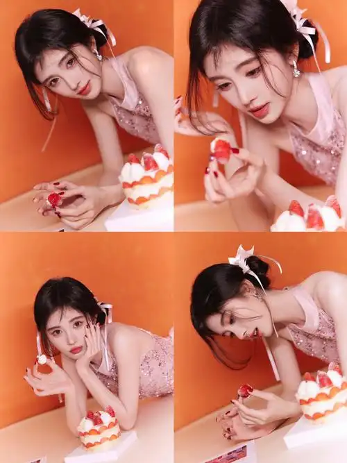 鞠婧祎穿粉裙娇俏可人手拿甜甜圈卖萌