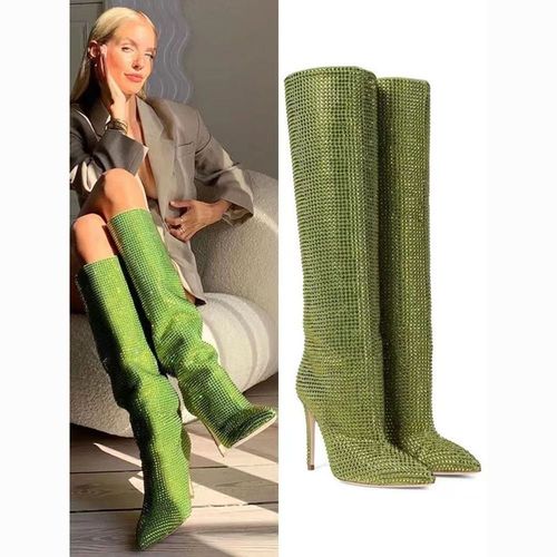 欧美外贸新款时尚绿色水钻及膝高筒靴性感尖头高跟套筒靴走秀长靴