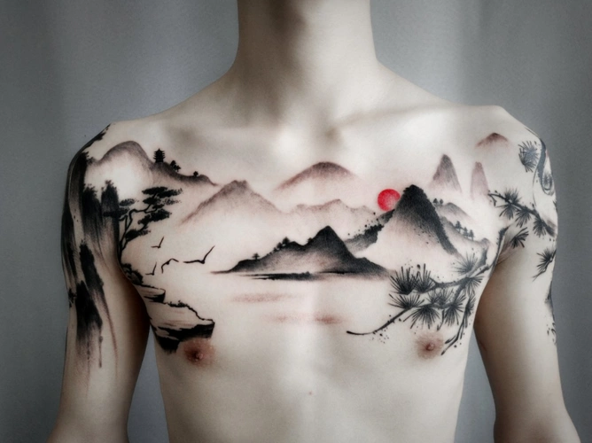 中国风山水水墨纹身设计 水墨风花胸纹身设计男(3)