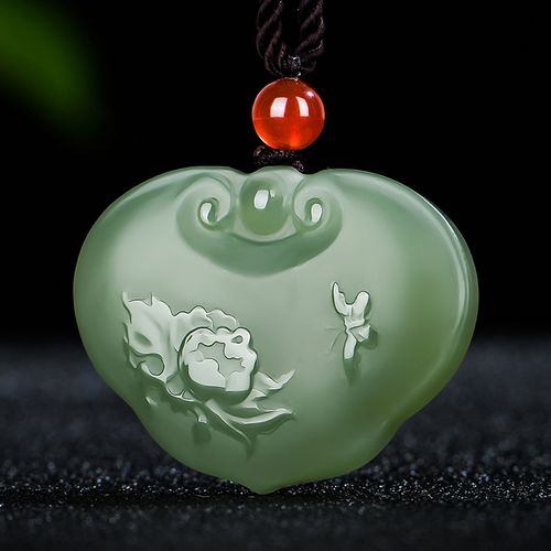 佳媛玉业和田玉浅青色上花开富贵玉吊坠 女士款玉坠玉石玉挂坠