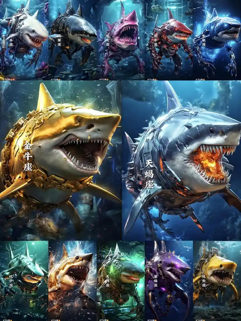 十二星座鲨鱼王.#十二星座系列 #二次元 #ai绘画 #巨兽 - 抖音