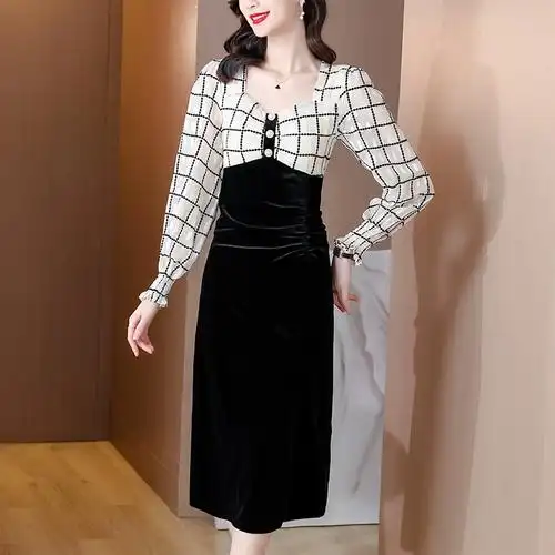 实拍阔太太名媛气质2021秋装新品连衣裙丝绒拼色长袖连衣裙