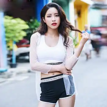 杭丝路 2018春夏泳衣女分体三件套欧美运动学生半透明黑白撞色温泉