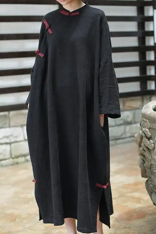 秋装 苎麻中式盘扣粗麻袍子禅意复古宽松连衣裙长裙大码190701