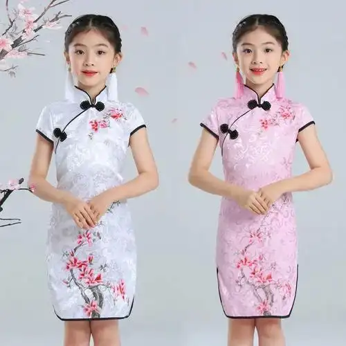 粉红色100儿童旗袍女童旗袍夏连衣裙小女孩旗袍儿童女夏中国风童装